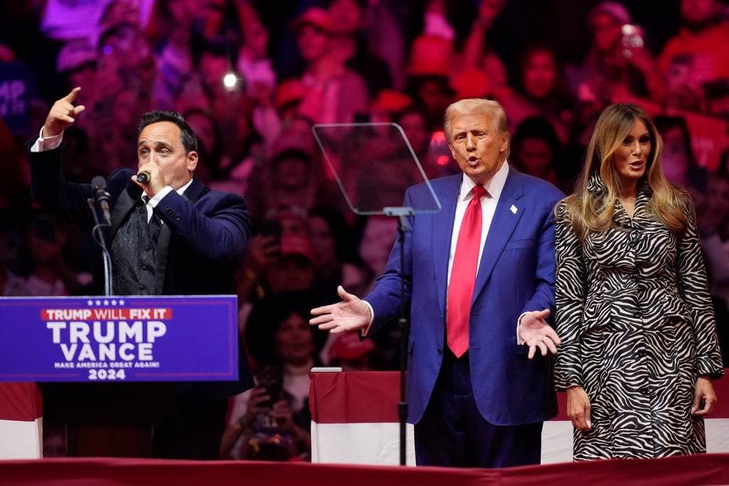 Donald and Melania Trump listen to opera singer Christopher Macchio at a campaign rally in October 2024, at New York’s Madison Square Garden. Photo: AP Donald and Melania Trump listen to opera singer Christopher Macchio at a campaign rally in October 2024, at New York’s Madison Square Garden. Photo: AP