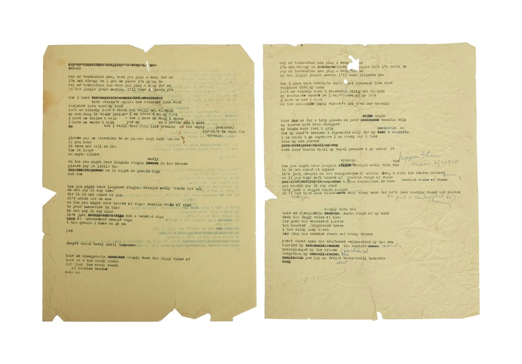 An image released by Julien’s Auctions showing Bob Dylan’s draft lyrics for Mr. Tambourine Man. Photo: Julien’s Auctions/AP An image released by Julien’s Auctions showing Bob Dylan’s draft lyrics for Mr. Tambourine Man. Photo: Julien’s Auctions/AP