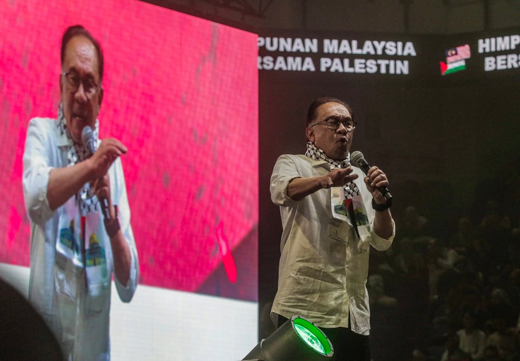 Malaysia’s Prime Minister Anwar Ibrahim speaks at a rally in solidarity with the Palestinian people in October 2023. Malaysia has a long history of supporting Palestinians. Photo: EPA-EFE Malaysia’s Prime Minister Anwar Ibrahim speaks at a rally in solidarity with the Palestinian people in October 2023. Malaysia has a long history of supporting Palestinians. Photo: EPA-EFE