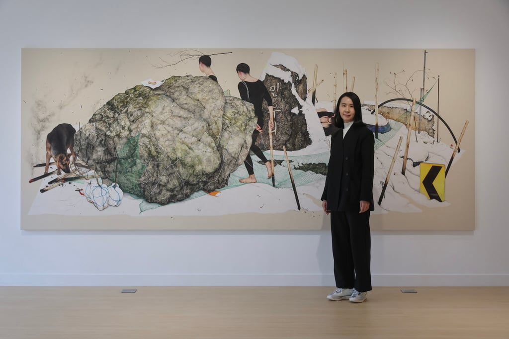 Lee stands in front of No Ground (2024), which gave the name to her debut Hong Kong exhibition. Photo: Edmond So