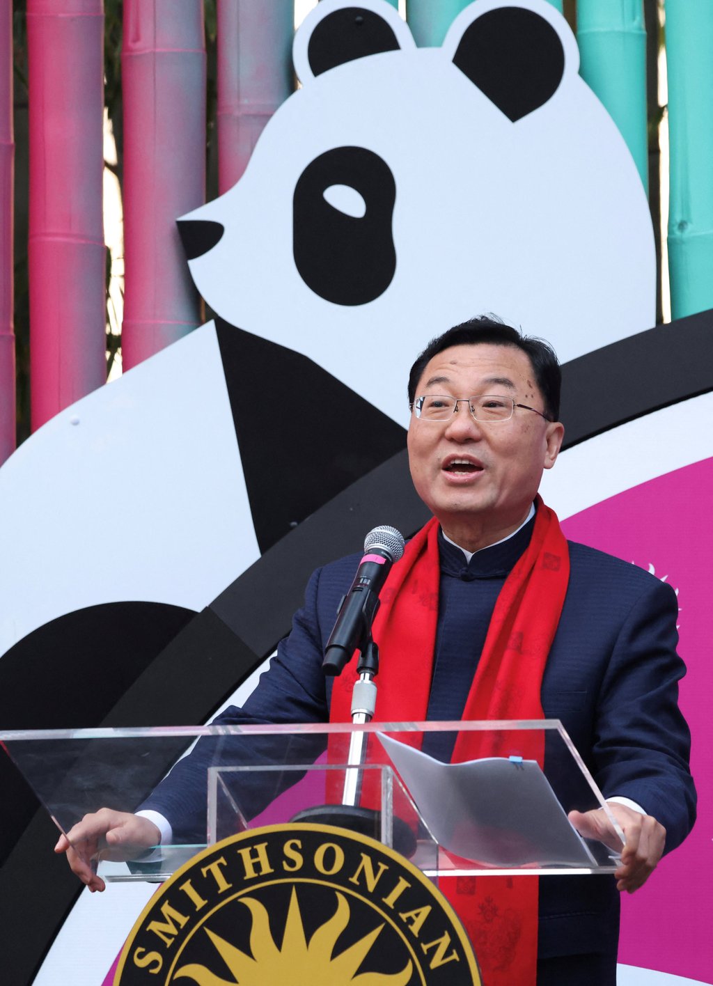 Chinese Ambassador to the US Xie Feng speaking at the pandas’ public debut at the National Zoo on Friday. Photo: Reuters Chinese Ambassador to the US Xie Feng speaking at the pandas’ public debut at the National Zoo on Friday. Photo: Reuters