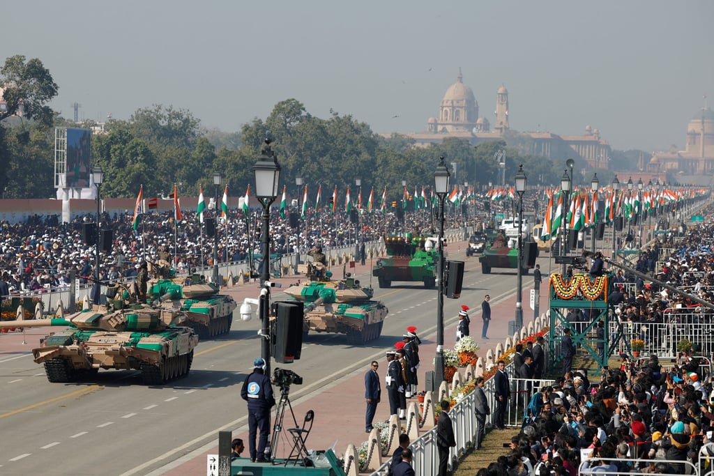 Indian military vehicles drive past during the Republic Day parade, in New Delhi, India, on Sunday. Photo: Reuters