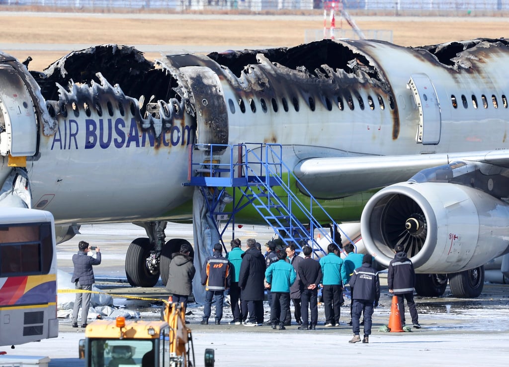 Firefighters and other officials inspect the remains of the Air Busan plane that caught fire at Gimhae International Airport, on Wednesday. Photo: Yonhap via AP Firefighters and other officials inspect the remains of the Air Busan plane that caught fire at Gimhae International Airport, on Wednesday. Photo: Yonhap via AP