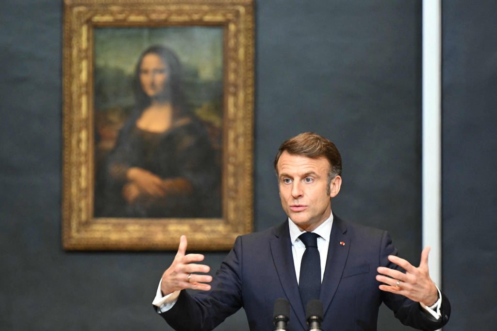 France’s President Emmanuel Macron gives a speech at the Louvre in Paris on Tuesday. Photo: AFP