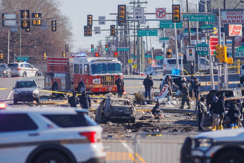 Debris is seen on Saturday at the site of a plane crash in Philadelphia. Photo: EPA-EFE