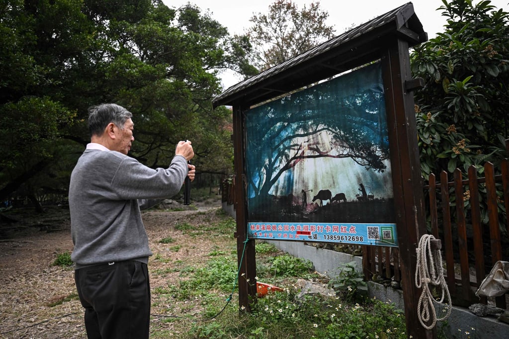 A tourist takes a photo of a poster in Xiapu that has been widely circulated online. Photo: AFP A tourist takes a photo of a poster in Xiapu that has been widely circulated online. Photo: AFP