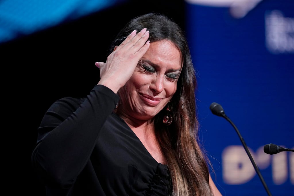 Karla Sofia Gascon accepting the award for best actress for Emilia Perez at the 77th international film festival at Cannes, France, in May 2024. Photo: Invision/AP