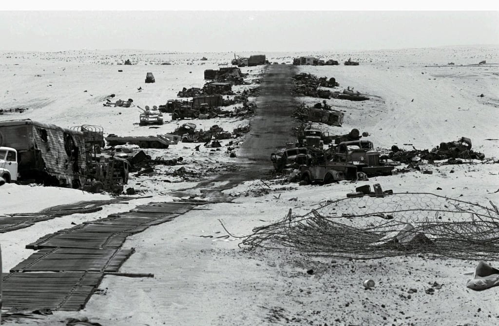 Destroyed Egyptian armaments are seen by the sides of a road to Sinai after being hit by Israeli fighter jets during the “Six-Day War” in 1967. Photo: Israeli Government Press Office/Reuters