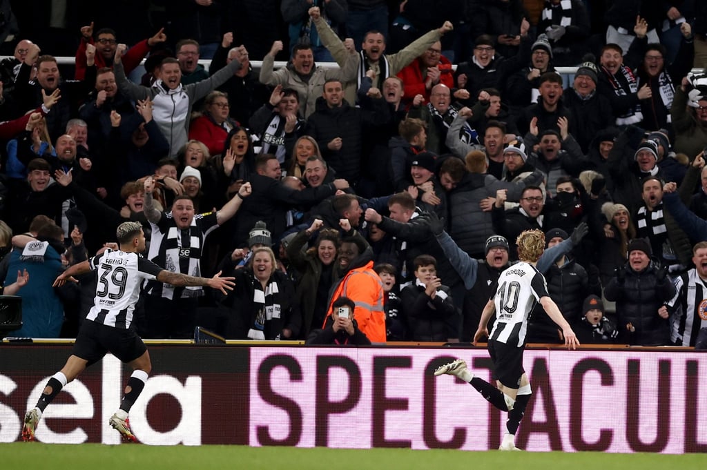 Anthony Gordon (right) celebrates scoring Newcastle’s second goal in front of the joyful home supporters. Photo: EPA Anthony Gordon (right) celebrates scoring Newcastle’s second goal in front of the joyful home supporters. Photo: EPA