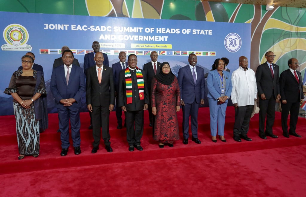 Leaders from the regional blocs of the Southern African Development Community (SADC) and The East African Community (EAC), in Dar es Salaam, Tanzania, on Saturday. Photo: Reuters Leaders from the regional blocs of the Southern African Development Community (SADC) and The East African Community (EAC), in Dar es Salaam, Tanzania, on Saturday. Photo: Reuters