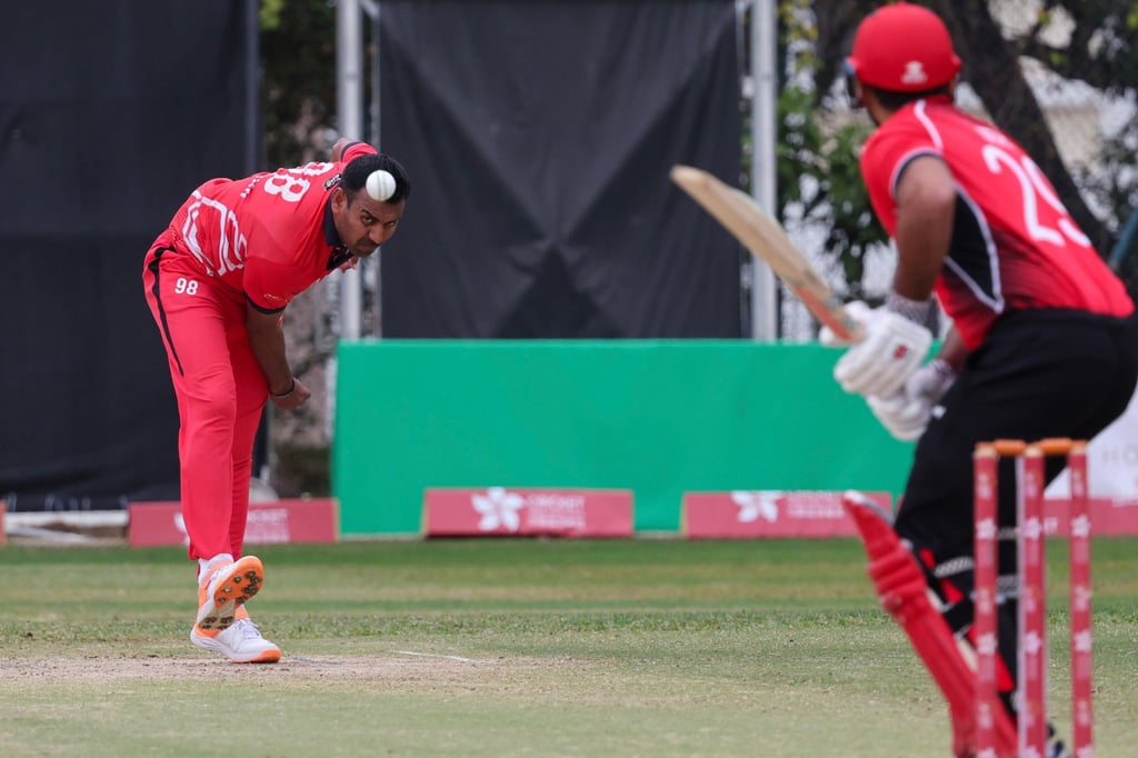 Left-hander Rath steadies himself to play a delivery from Bahrain seamer Imran Khan. Photo: Dickson Lee