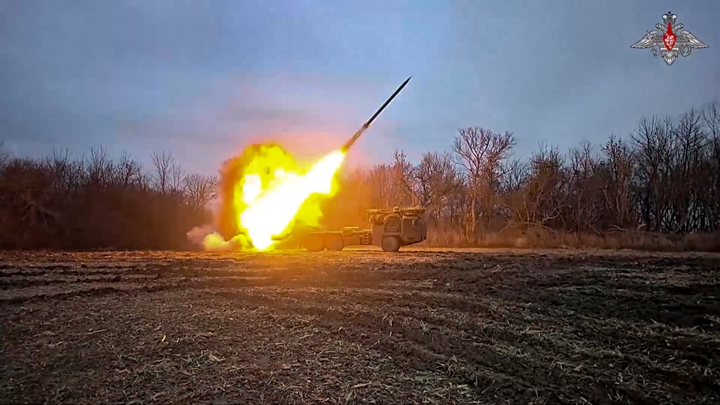 A Russian self-propelled multiple rocket launcher Uragan (Hurricane) is fired toward Ukrainian positions at an undisclosed location in the Kursk region border area, on Thursday. Photo: AP