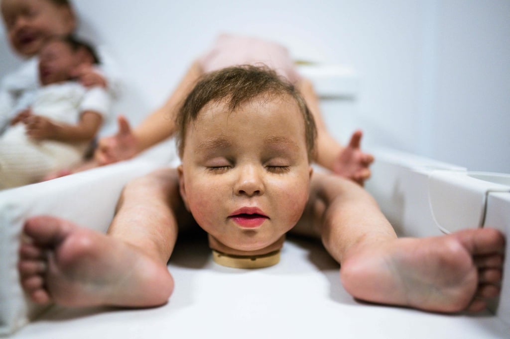The head and legs of a baby prop. Founded in 2008, Cinebaby is a studio specialised in making ultra-realistic props of infants for film and television productions. Photo: AFP The head and legs of a baby prop. Founded in 2008, Cinebaby is a studio specialised in making ultra-realistic props of infants for film and television productions. Photo: AFP