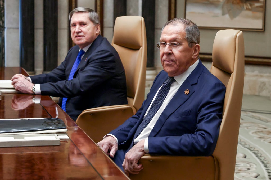 Russian Foreign Minister Sergey Lavrov, right, sits next to Russian President Vladimir Putin’s foreign policy adviser Yuri Ushakov during a meeting in Riyadh, Saudi Arabia, on Tuesday, February. 18, 2025. Photo: Pool/AP