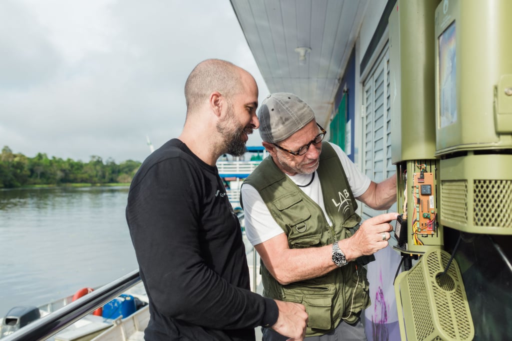 Emiliano Esterci Ramalho (left), scientific director of Brazil’s Mamirauá Sustainable Development Reserve, and Michel André inspect a bioacoustic node. Photo: Rolex/Diego Bresani
