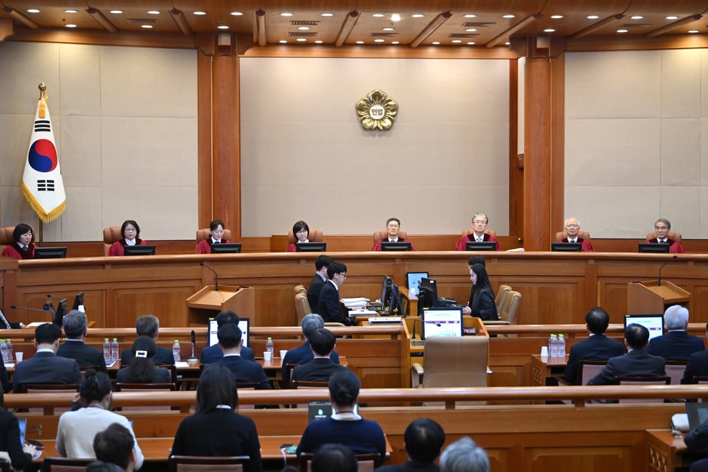 The Constitutional Court during the final hearing over President Yoon Suk-yeol’s short-lived imposition of martial law in Seoul, South Korea, on Tuesday. Photo: EPA-EFE The Constitutional Court during the final hearing over President Yoon Suk-yeol’s short-lived imposition of martial law in Seoul, South Korea, on Tuesday. Photo: EPA-EFE