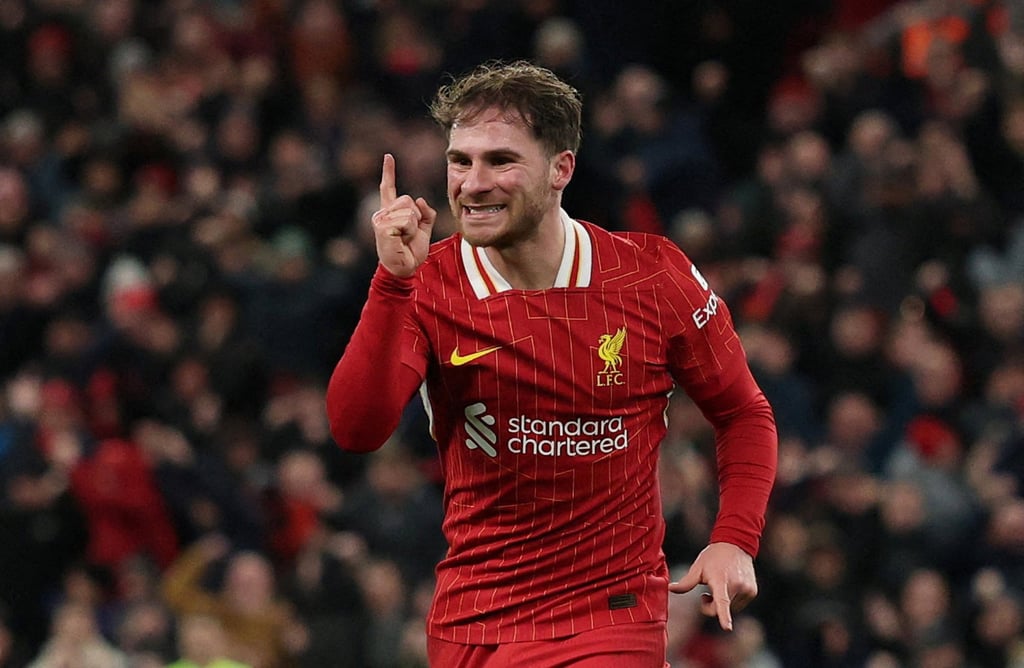 Liverpool’s Alexis Mac Allister celebrates scoring the second goal at Anfield. Photo: Reuters Liverpool’s Alexis Mac Allister celebrates scoring the second goal at Anfield. Photo: Reuters