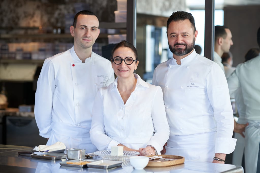 Anne-Sophie Pic with pastry team members Eric Verbauwhede and Léo Faler. Photo: Cristal Room by Anne-Sophie Pic