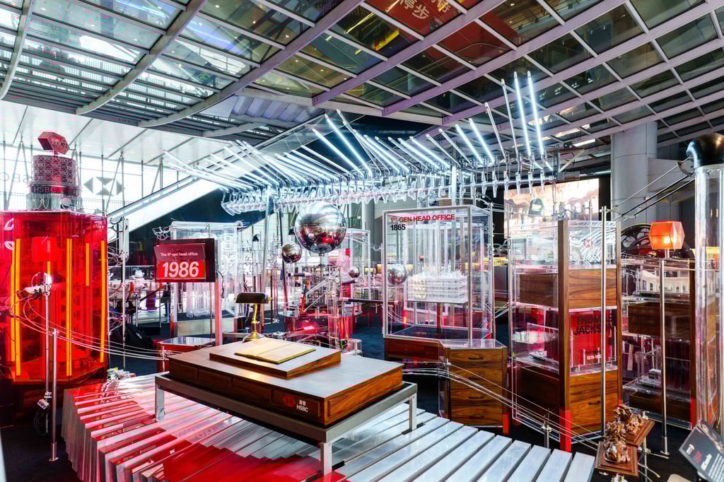 A specially designed Rube Goldberg machine on display at HSBC headquarters shows key milestones from the bank’s history.