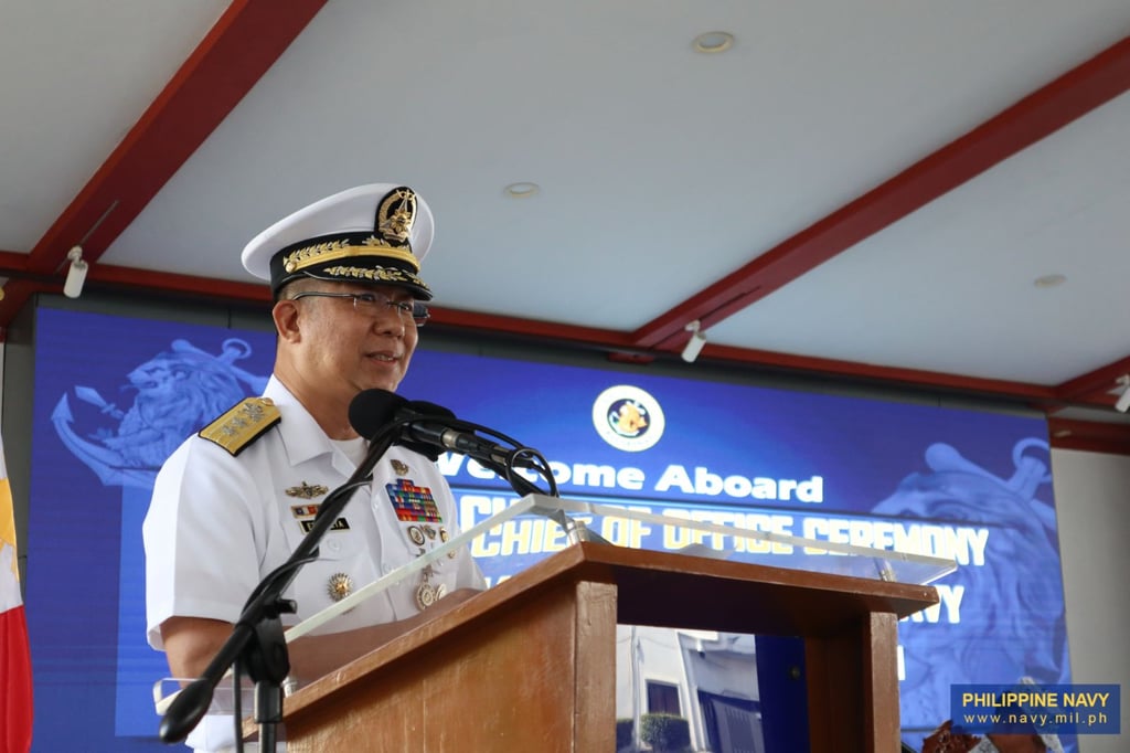 Philippine Navy chief Vice-Admiral Jose Ma. Ambrosio Ezpeleta speaking at Navy Headquarters on August 14, 2024. Photo: Philippine Navy Philippine Navy chief Vice-Admiral Jose Ma. Ambrosio Ezpeleta speaking at Navy Headquarters on August 14, 2024. Photo: Philippine Navy