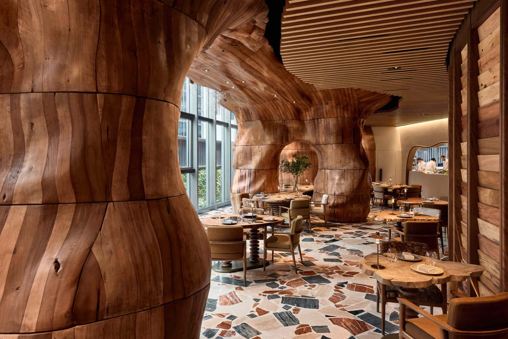 The interior of Roganic at its new location in Causeway Bay, Hong Kong, uses upcycled wood from locally felled trees. Photo: Roganic The interior of Roganic at its new location in Causeway Bay, Hong Kong, uses upcycled wood from locally felled trees. Photo: Roganic