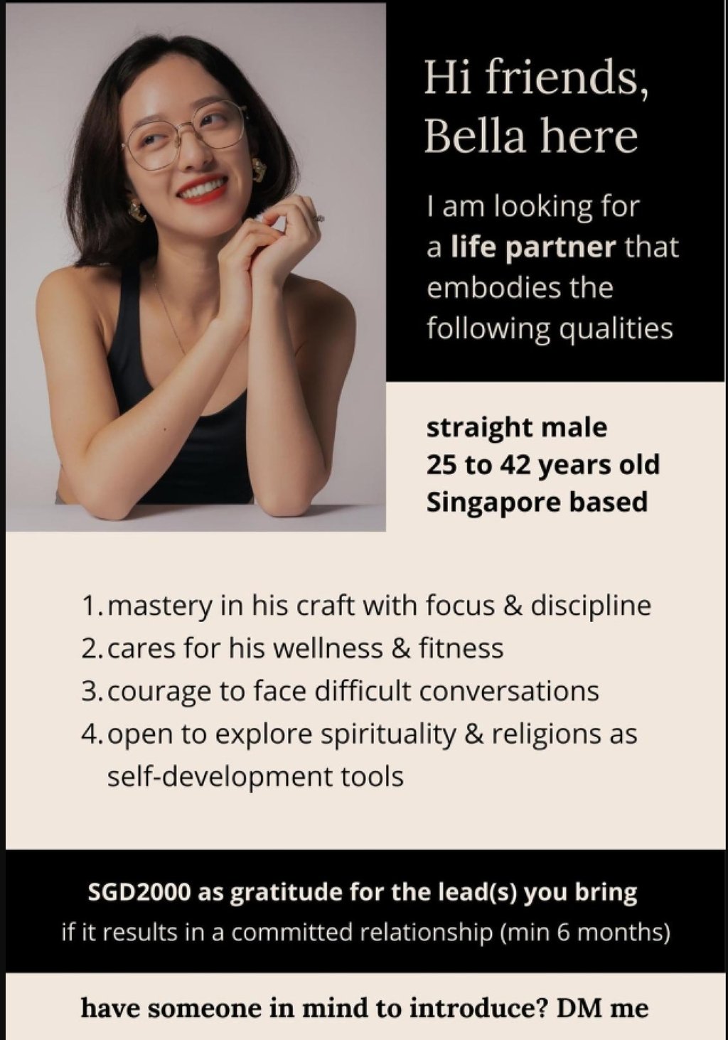 Bella Dai’s bounty offer and dating criteria. Photo: Instagram / @bellzdai Bella Dai’s bounty offer and dating criteria. Photo: Instagram / @bellzdai