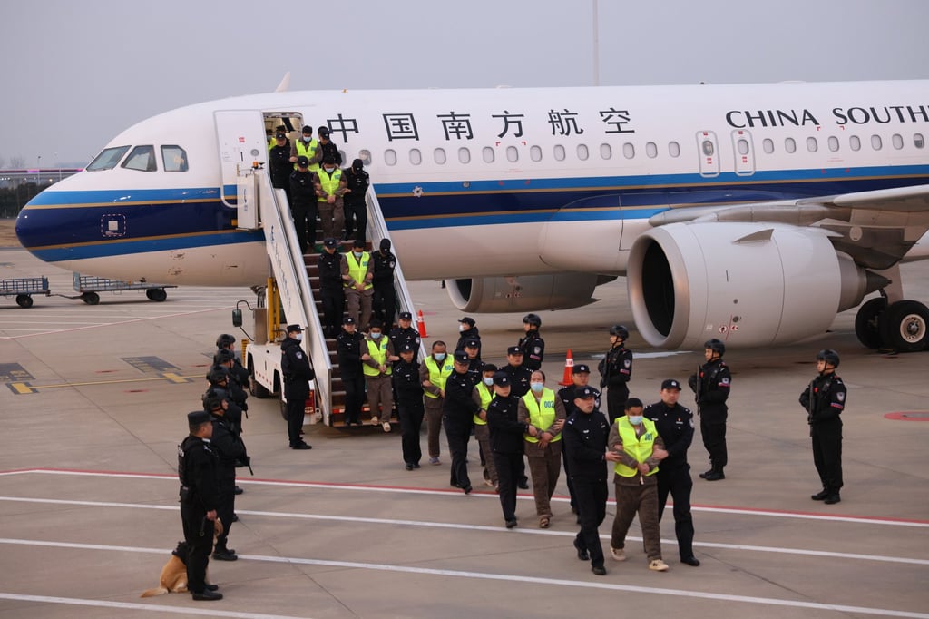 About 200 Chinese citizens suspected of involvement in fraud return to China under the escort of Chinese police on February 20 after being repatriated from Myawaddy in Myanmar. Photo: EPA-EFE/Xinhua About 200 Chinese citizens suspected of involvement in fraud return to China under the escort of Chinese police on February 20 after being repatriated from Myawaddy in Myanmar. Photo: EPA-EFE/Xinhua
