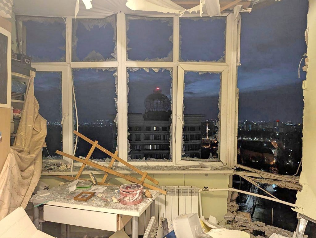 A wrecked flat with its windows blown out. Photo: Andrei Vorobyov official Telegram channel via AP