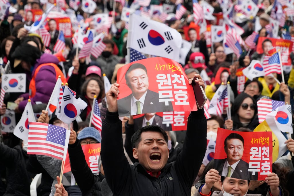 Supporters of South Korea’s suspended president Yoon Suk-yeol hold a rally in Seoul on March 1. Photo: AP Supporters of South Korea’s suspended president Yoon Suk-yeol hold a rally in Seoul on March 1. Photo: AP