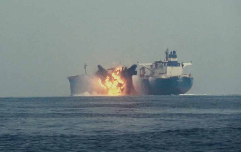 An explosion on the British oil ship Cordelia Moon after an attack by an unmanned Houthi boat in the Red Sea in October, 2024. File photo: Houthi Media Centre via EPA-EFE An explosion on the British oil ship Cordelia Moon after an attack by an unmanned Houthi boat in the Red Sea in October, 2024. File photo: Houthi Media Centre via EPA-EFE