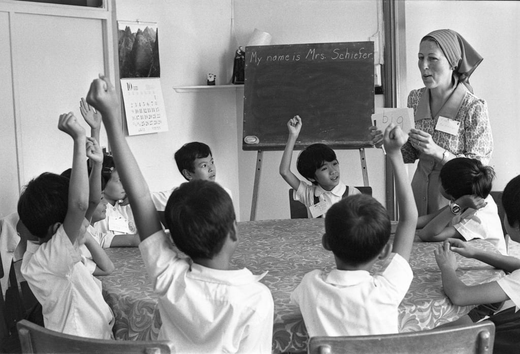 English teacher Ginny Schiefer teaches a class at St Teresa’s School in Stanley in the 1970s. Photo: Sunny Lee