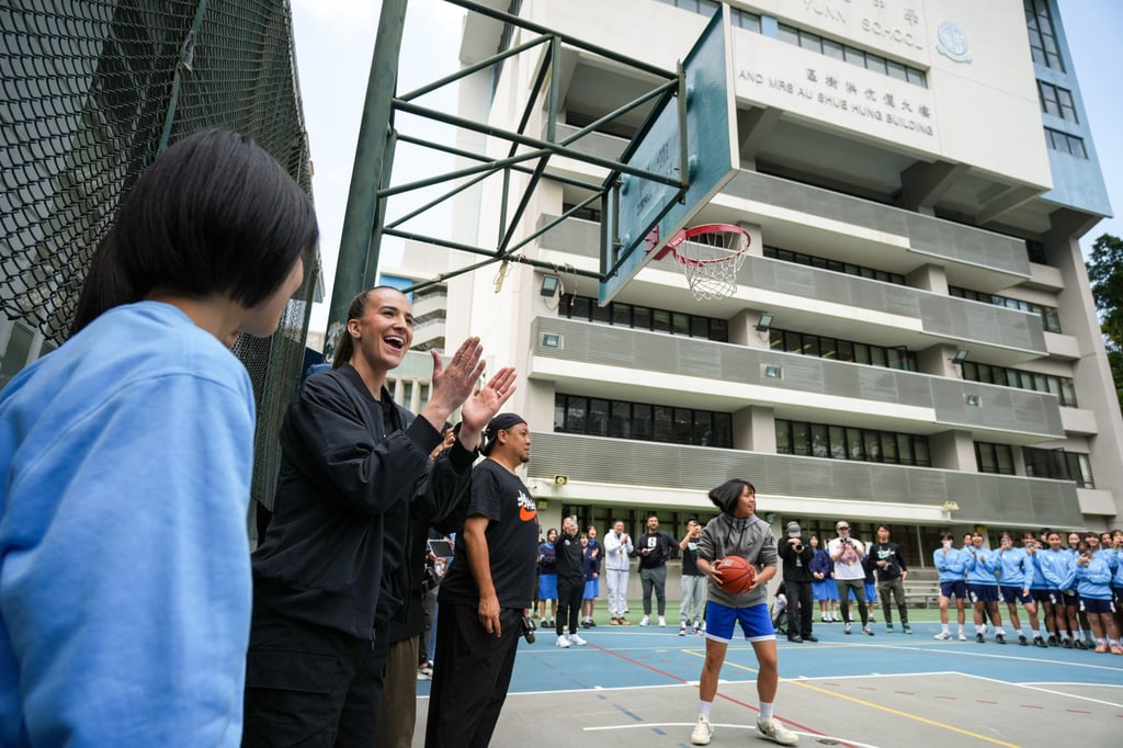 WNBA star Sabrina Ionescu shouts encouragement to players running a drill at Heep Yunn School in Kowloon. Photo: Eugene Lee WNBA star Sabrina Ionescu shouts encouragement to players running a drill at Heep Yunn School in Kowloon. Photo: Eugene Lee