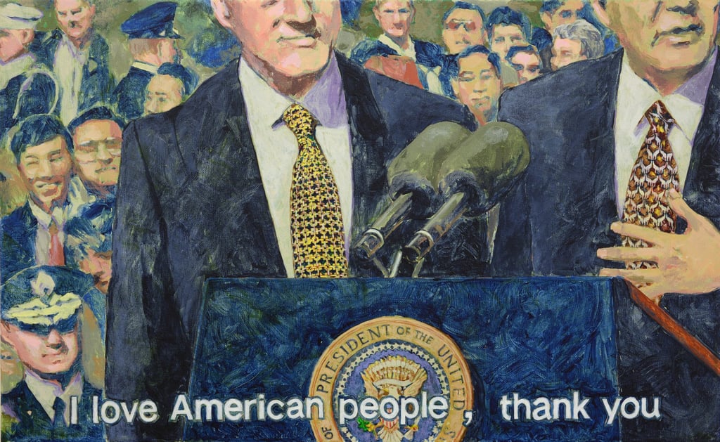 Chow Chun-fai’s painting of a still from news footage showing a 1999 meeting between US president Bill Clinton and premier Zhu Rongji, subtitled “I love American people, thank you.” Photo: courtesy SC Gallery