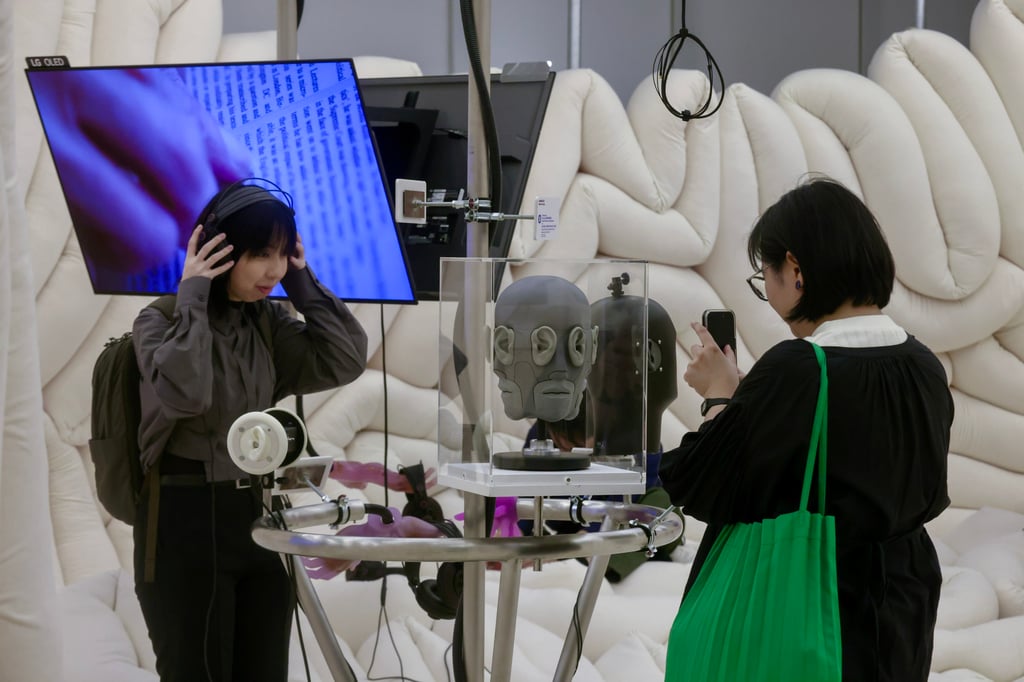 Visitors in the ASMR arena at Weird Sensation Feels Good: The World of ASMR, at Airside mall in Kai Tak until July 13. Photo: Jonathan Wong