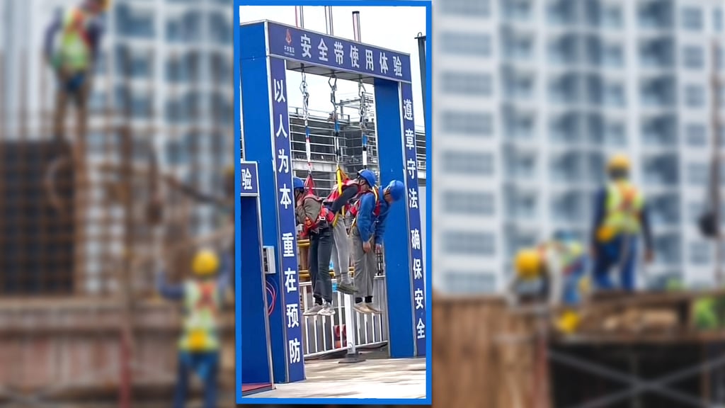 Three construction workers in China were hung from a gate by their harnesses as part of their safety training, sparking public shock. Photo: SCMP composite/Shutterstock/Douyin