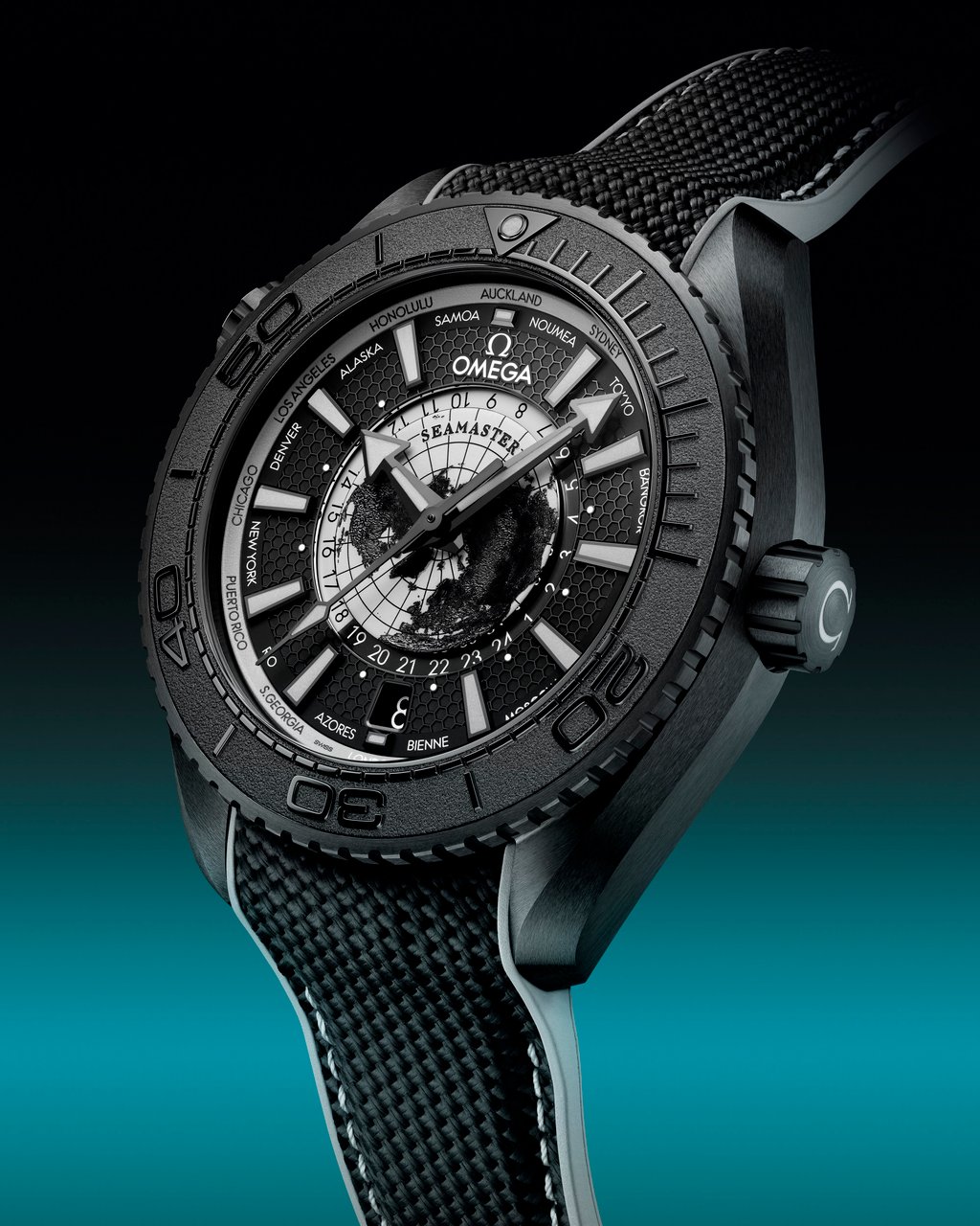 Omega’s new Seamaster Planet Ocean Worldtimer is also available in a monochrome dark grey. Photo: Handout
