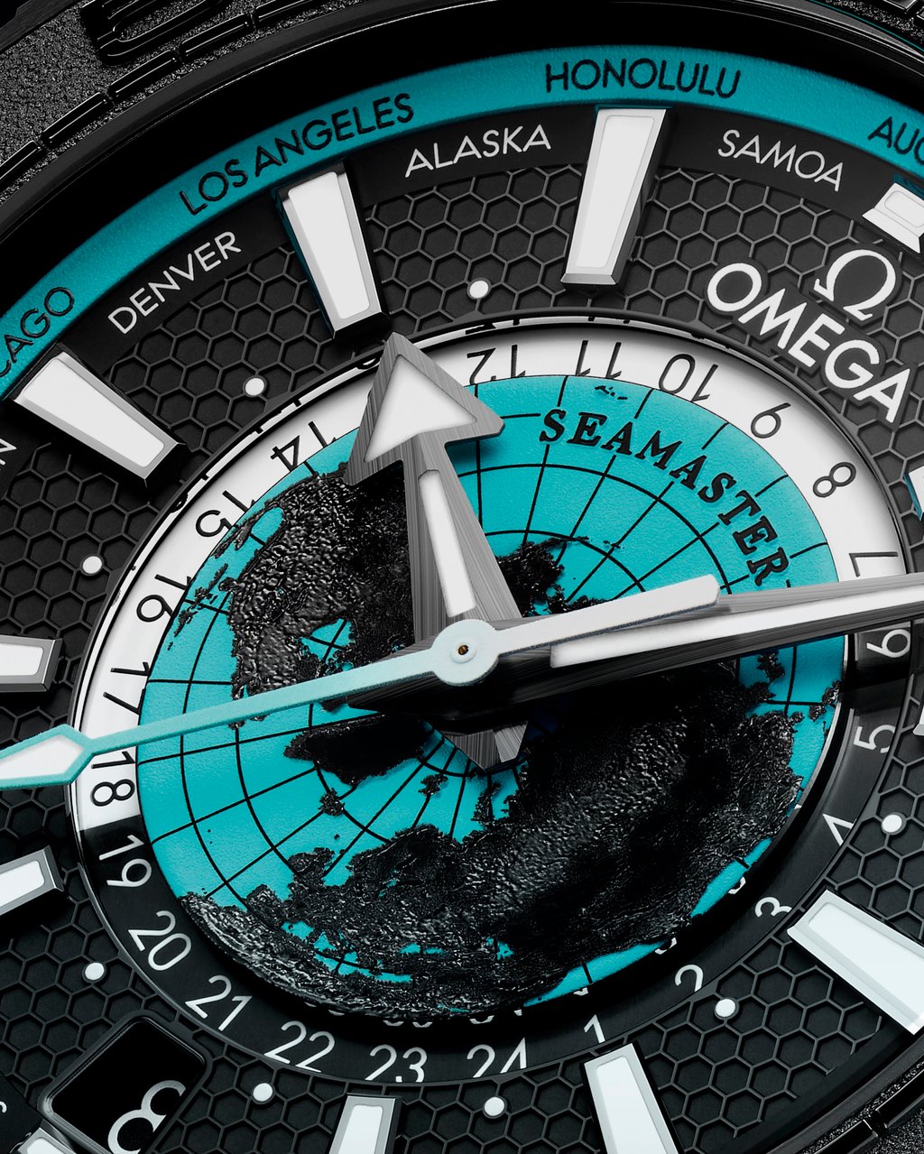The Omega Seamaster Planet Ocean Worldtimer features a relief map of the world as seen from the North Pole. Photo: Handout