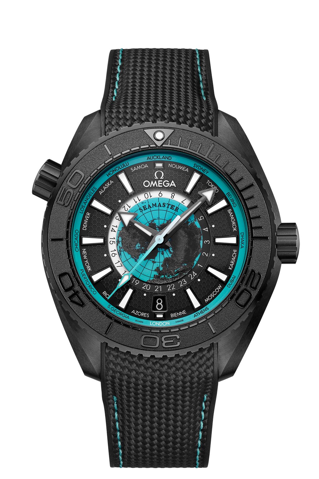 One version of the new Omega Seamaster Planet Ocean Worldtimer features splashes of turquoise. Photo: Handout