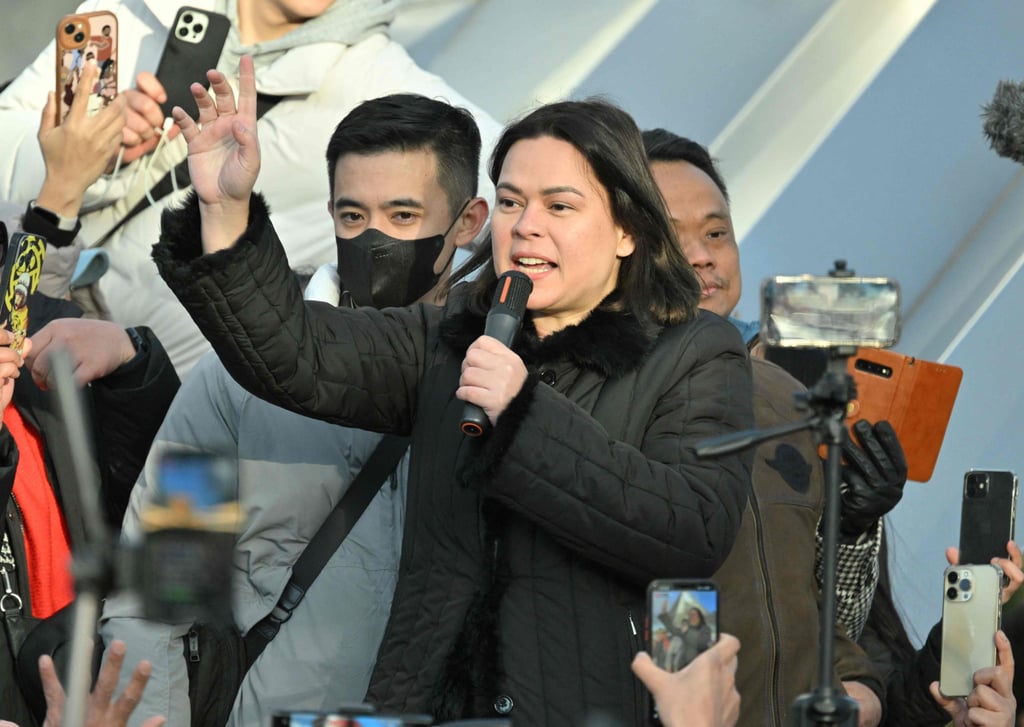 Philippine Vice-President Sara Duterte-Carpio addresses a gathering outside the International Criminal Court in The Hague on March 14. Photo: AFP Philippine Vice-President Sara Duterte-Carpio addresses a gathering outside the International Criminal Court in The Hague on March 14. Photo: AFP