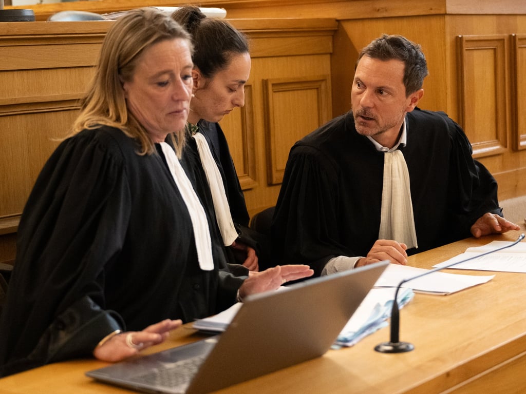 Lawyer Julien Plouton (right), representing Chahinez Daoud’s parents, Djohar and Kamel Daoud, in the courtroom as the trial for her murder begins on Monday. Photo: EPA-EFE