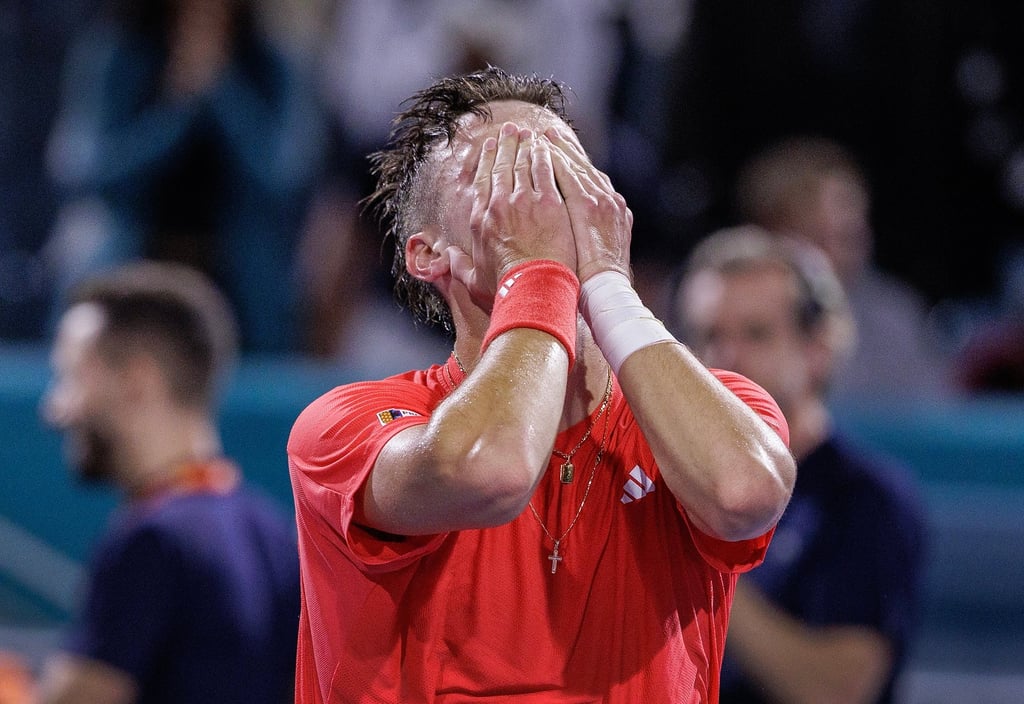 Jakub Mensik shows his joy after beating Novak Djokovic in the Miami Open final. Photo: EPA Jakub Mensik shows his joy after beating Novak Djokovic in the Miami Open final. Photo: EPA