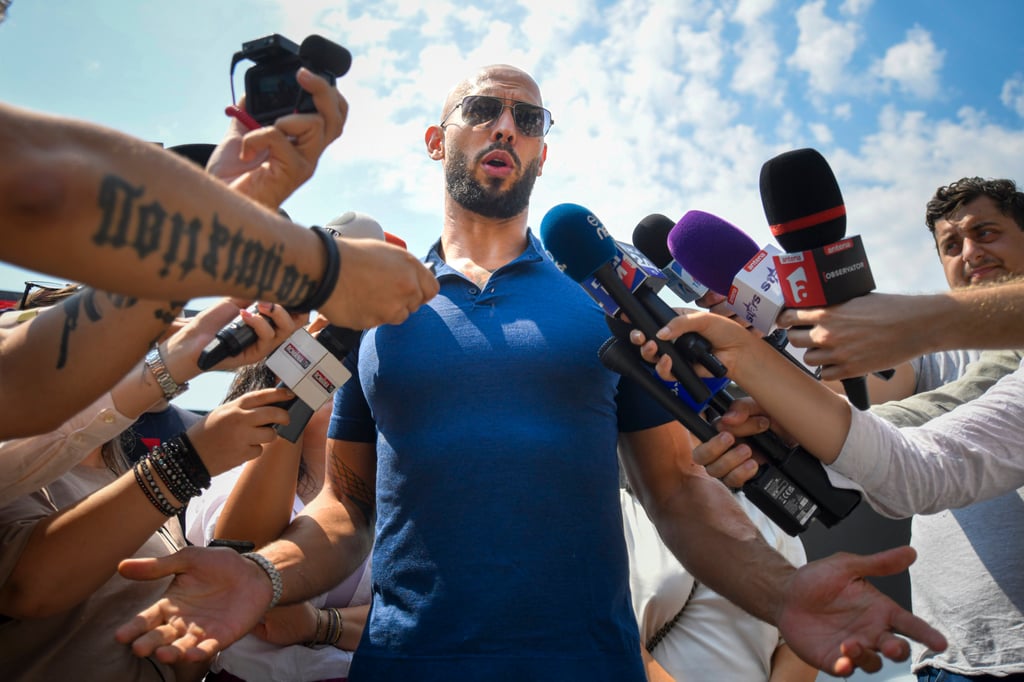Andrew Tate speaks to media on the outskirts of Bucharest, Romania, in August, 2023. Photo: AP