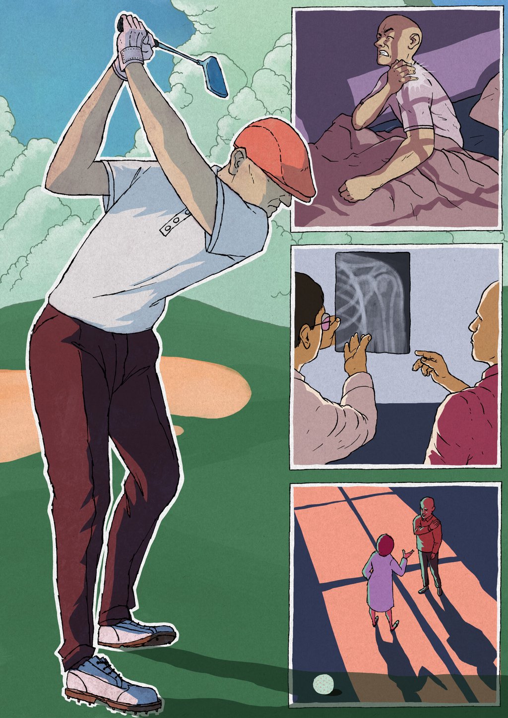 Tim Noonan sought stem cell therapy after tearing his rotator cuff while playing golf. Illustration: Isidore Vic Carloman Tim Noonan sought stem cell therapy after tearing his rotator cuff while playing golf. Illustration: Isidore Vic Carloman