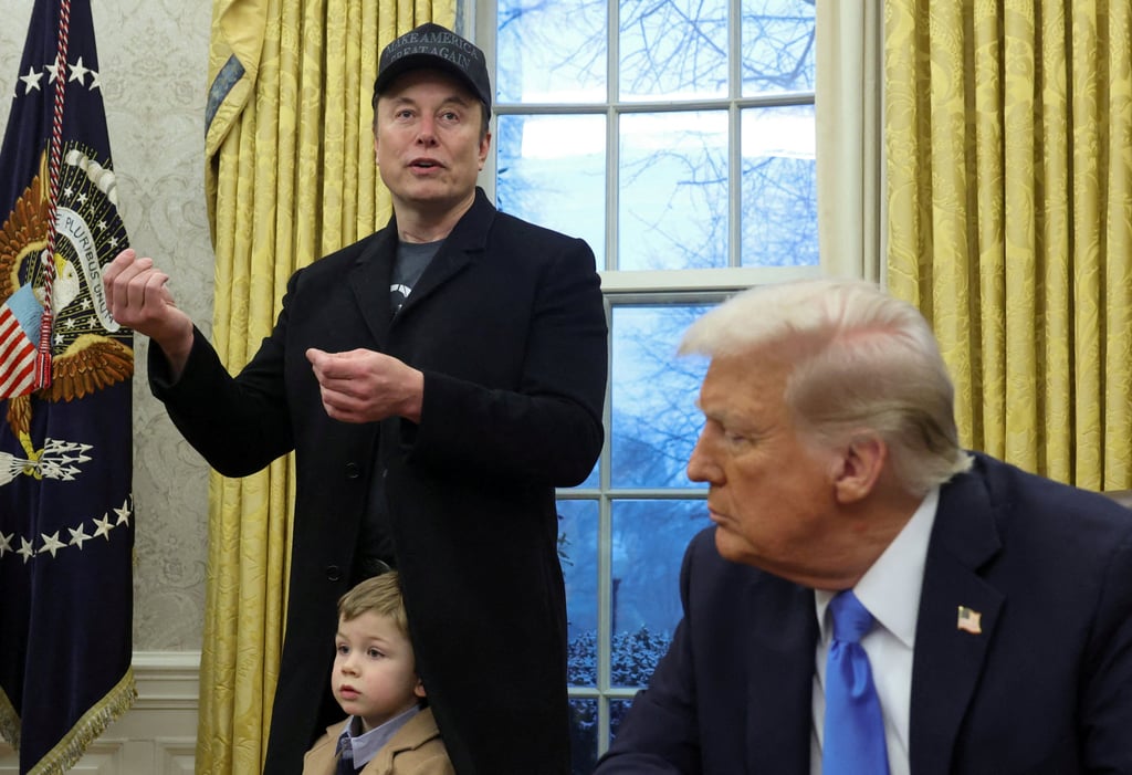 Elon Musk (left) speaks as his son X ร A-12 and US President Donald Trump listen in the Oval Office in February. Photo: Reuters Elon Musk (left) speaks as his son X ร A-12 and US President Donald Trump listen in the Oval Office in February. Photo: Reuters