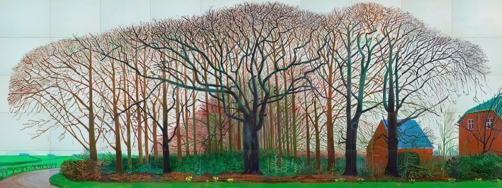 At 12.2 by 4.6 metres, Bigger Trees near Warter (2007) is David Hockney’s largest painting to date, and depicts a coppice in East Yorkshire, England. Photo: David Hockney, Prudence Cuming Associates At 12.2 by 4.6 metres, Bigger Trees near Warter (2007) is David Hockney’s largest painting to date, and depicts a coppice in East Yorkshire, England. Photo: David Hockney, Prudence Cuming Associates