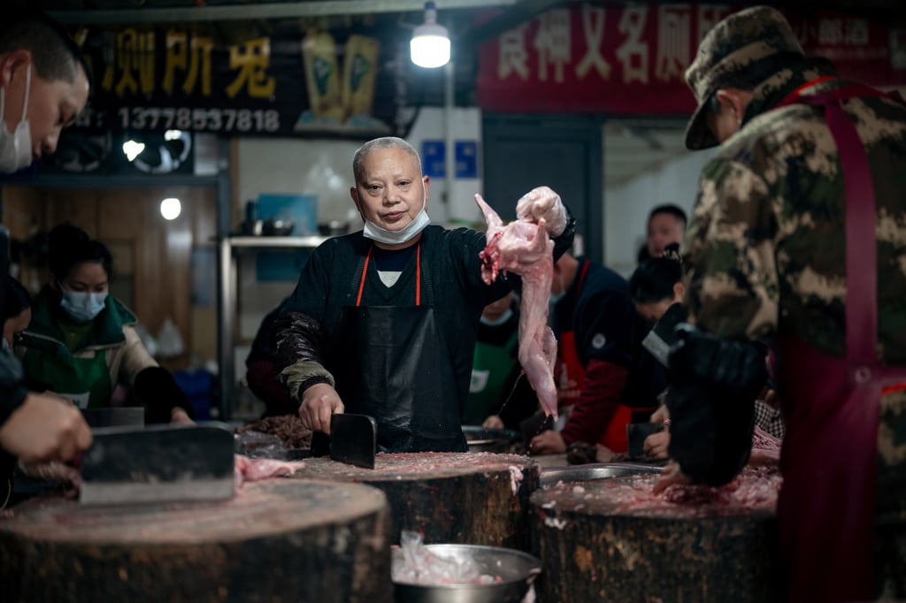 A cook prepares a rabbit for a dish at Toilet Rabbit restaurant in Zigong, China. Photo: Graeme Kennedy