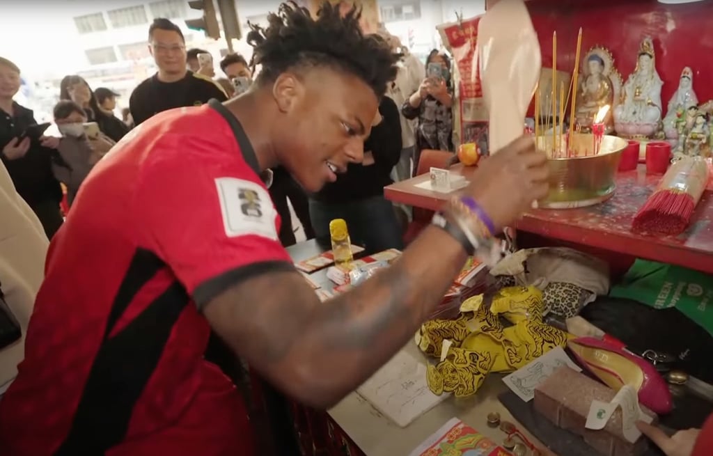 The popular YouTube star began the day with ‘villain-hitting’ in Causeway Bay. Photo: YouTube/IShowSpeed
