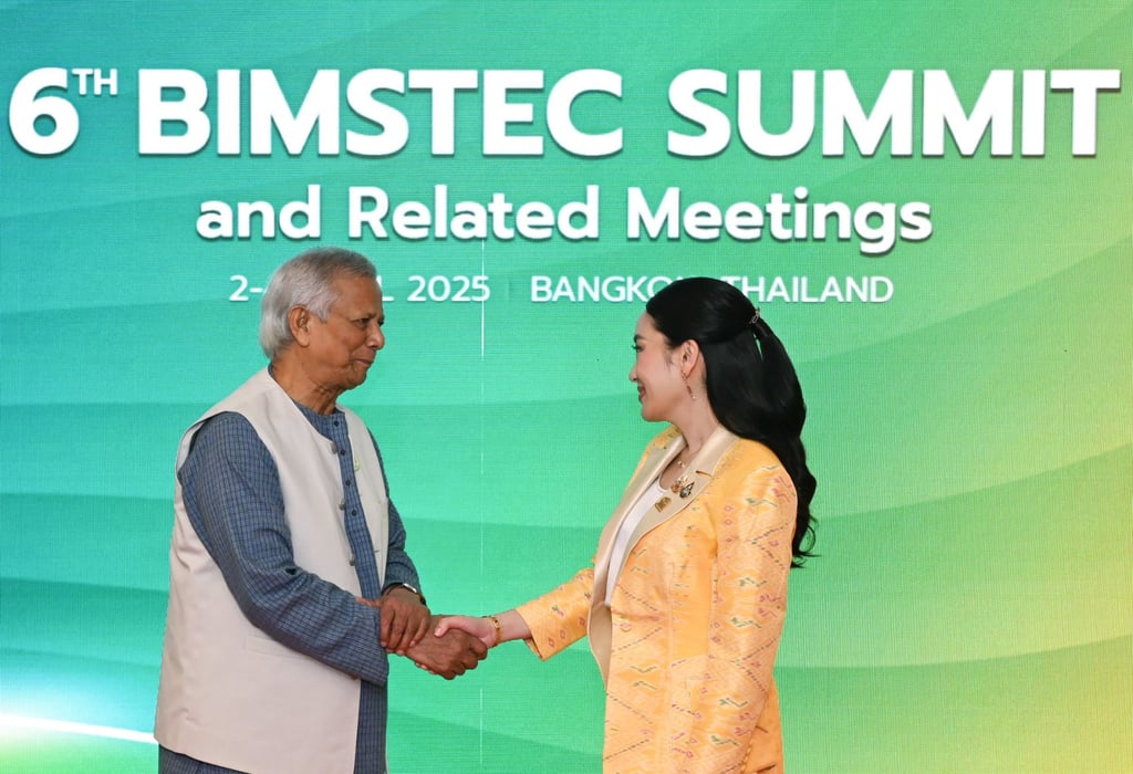 Bangladesh’s interim leader Muhammad Yunus (left) shakes hands with Thai Prime Minister Paetongtarn Shinawatra during the BIMSTEC Summit in Bangkok on Friday. Photo: EPA-EFE Bangladesh’s interim leader Muhammad Yunus (left) shakes hands with Thai Prime Minister Paetongtarn Shinawatra during the BIMSTEC Summit in Bangkok on Friday. Photo: EPA-EFE