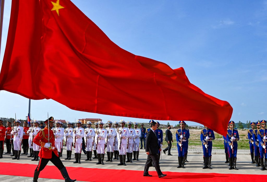 Cambodian Prime Minister Hun Manet (centre) receives a guard of honour during the inauguration ceremony, at Ream Naval Base on April 5. Photo: AFP Cambodian Prime Minister Hun Manet (centre) receives a guard of honour during the inauguration ceremony, at Ream Naval Base on April 5. Photo: AFP