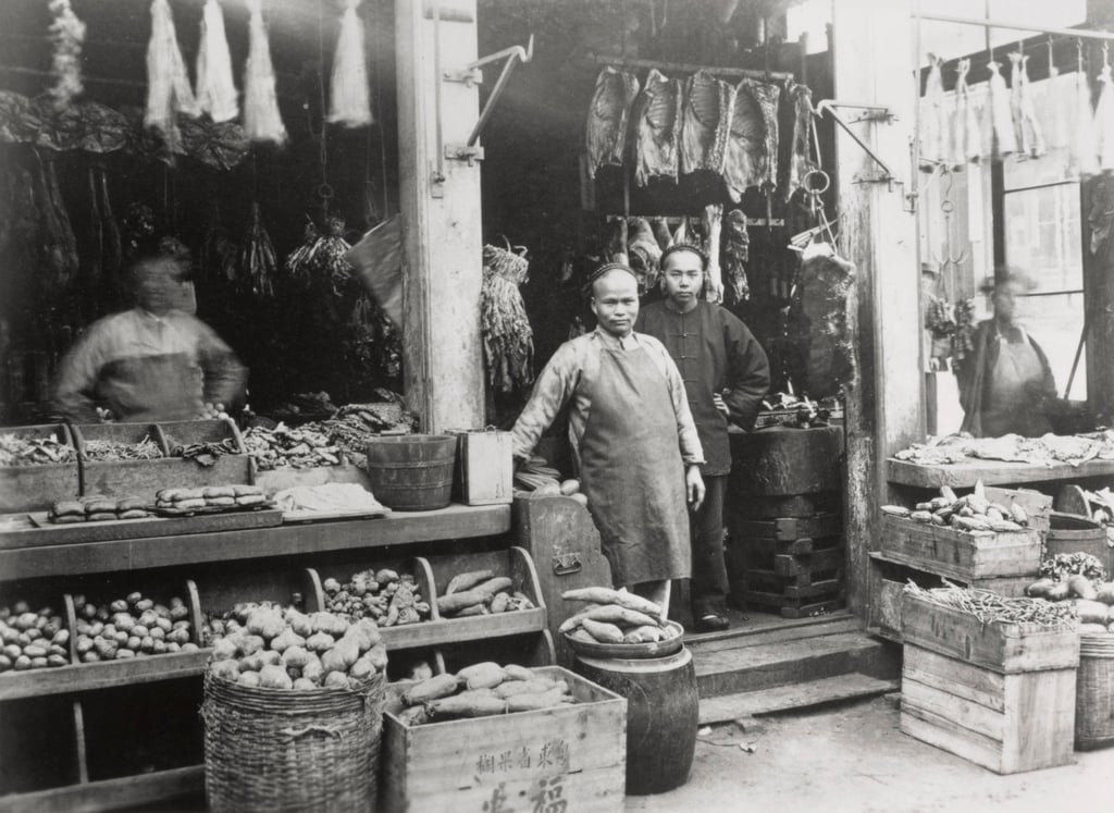 A Chinese butcher and grocery store in San Francisco’s Chinatown circa 1885. Photo: Getty Images